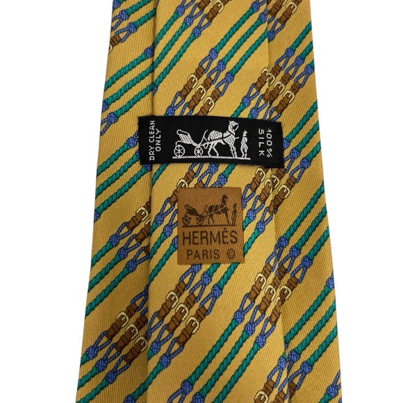 Hermes Men's Tie Equestrian Ropes Belts Gold/Green Silk 695 OA 3.5